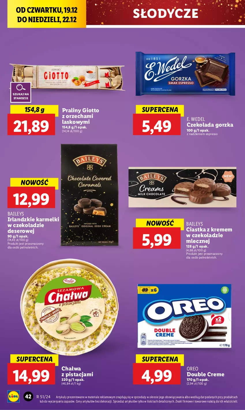 Gazetka promocyjna Lidl - GAZETKA - ważna 19.12 do 22.12.2024 - strona 46 - produkty: Chałwa, Ciastka, Czekolada, Czekolada gorzka, Deser, E. Wedel, Oreo, Praliny, Ser