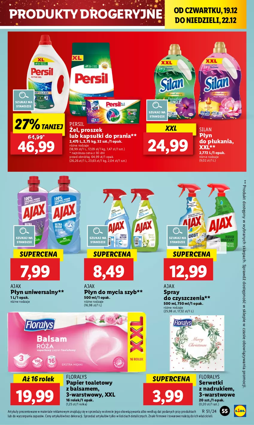 Gazetka promocyjna Lidl - GAZETKA - ważna 19.12 do 22.12.2024 - strona 63 - produkty: Ajax, Flora, Kapsułki do prania, Papier, Papier toaletowy, Persil, Płyn do mycia, Płyn do płukania, Ser, Serwetki, Silan, Spray do czyszczenia