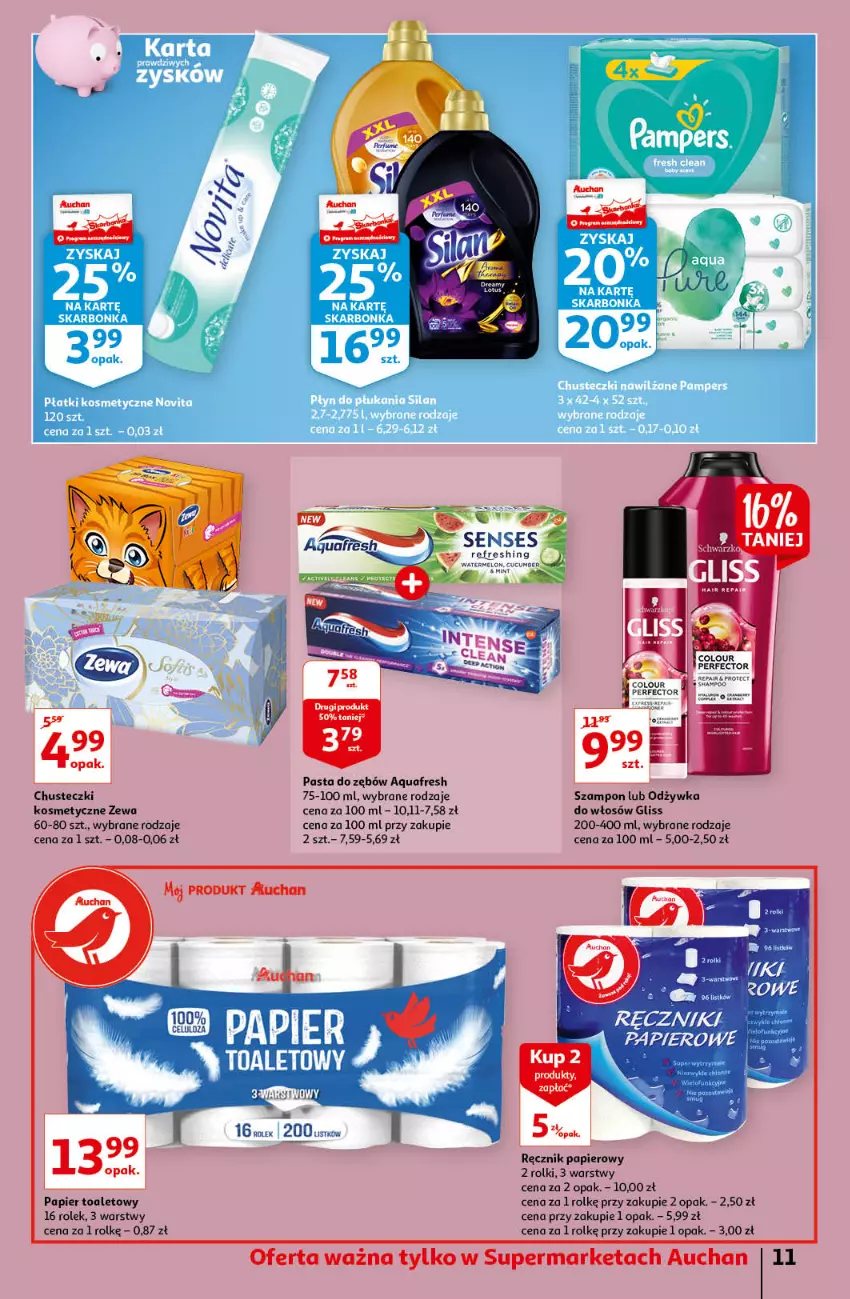 Gazetka promocyjna Auchan - Kawa i czekolada aromatycznie i słodko Supermarkety - ważna 21.10 do 31.10.2021 - strona 11 - produkty: Aquafresh, Chusteczki, Odżywka, Papier, Papier toaletowy, Ręcznik, Rolki, Senses, Szampon