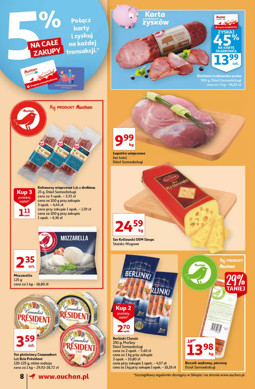 Gazetka promocyjna Auchan - Kawa i czekolada aromatycznie i słodko Supermarkety - ważna 21.10 do 31.10.2021 - strona 8 - produkty: Berlinki, Boczek, Brie, Camembert, Kabanos, Kiełbasa, Kiełbasa krakowska, Królewski, Morliny, Mozzarella, Ser, Ser pleśniowy