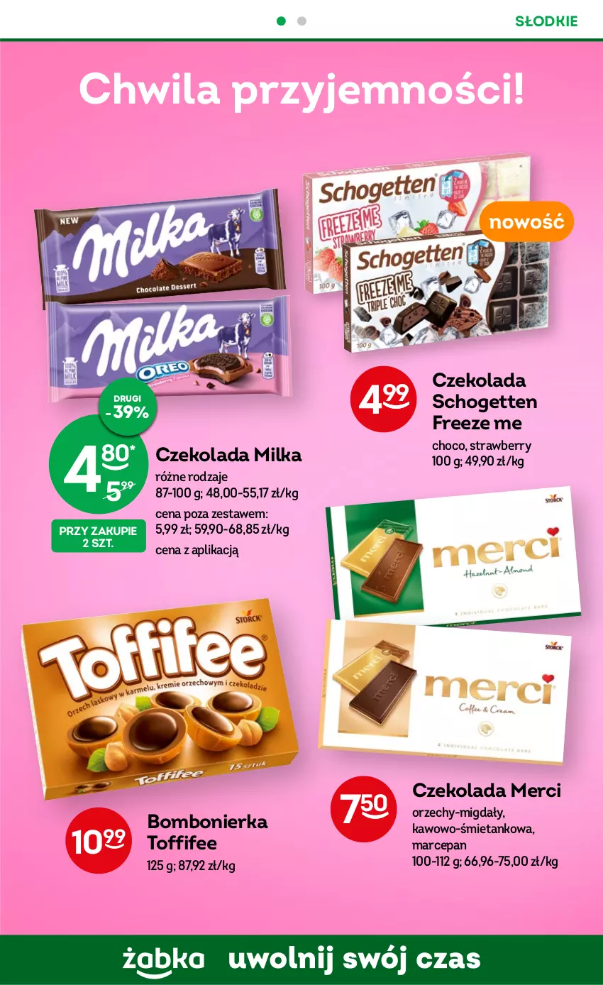 Gazetka promocyjna Żabka - ważna 05.07 do 18.07.2023 - strona 60 - produkty: Czekolada, Merci, Migdały, Milka, Schogetten, Toffifee