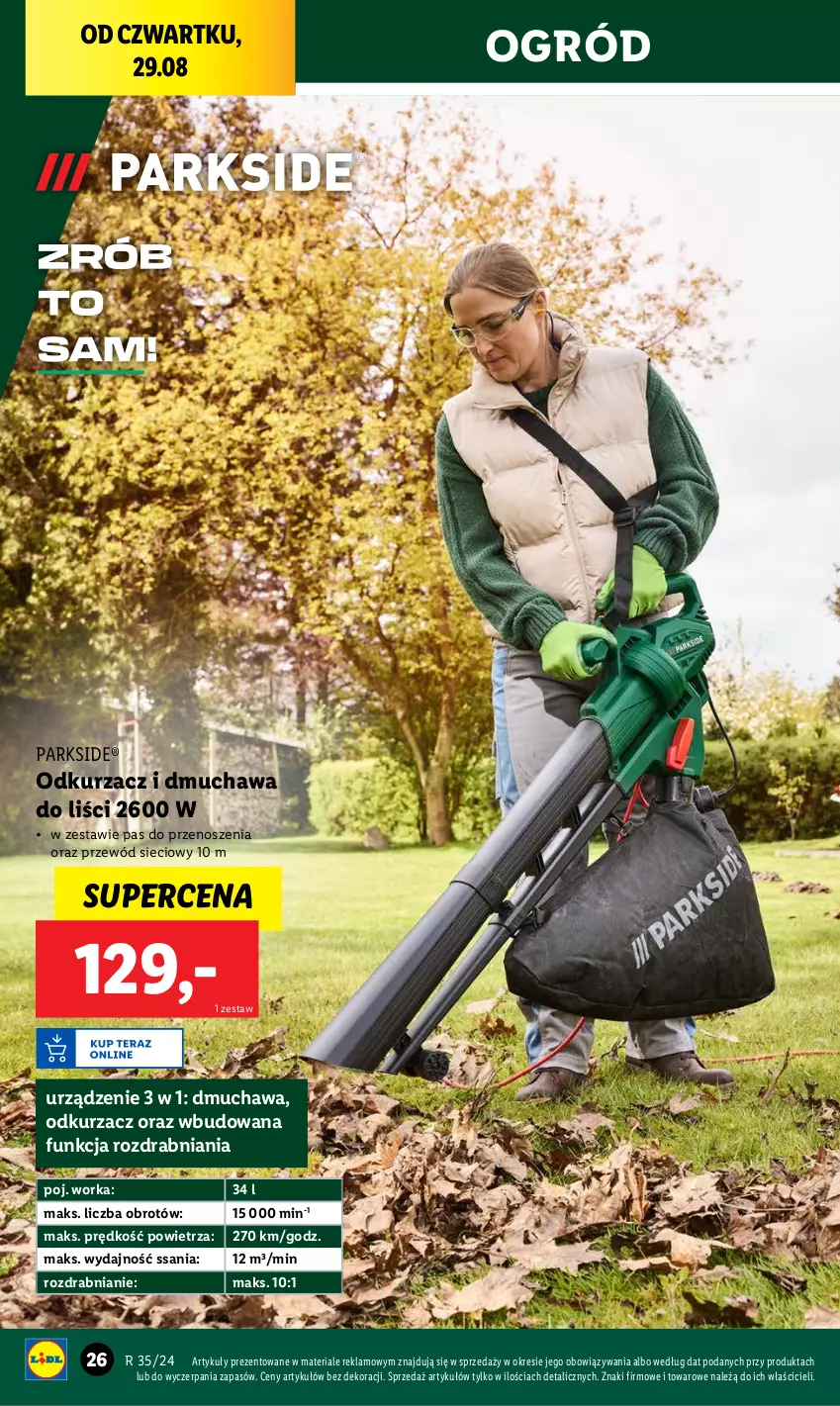 Gazetka promocyjna Lidl - GAZETKA - ważna 26.08 do 01.09.2024 - strona 28 - produkty: Dmuchawa do liści, Odkurzacz, Ogród, Orka, Parkside, Przewód