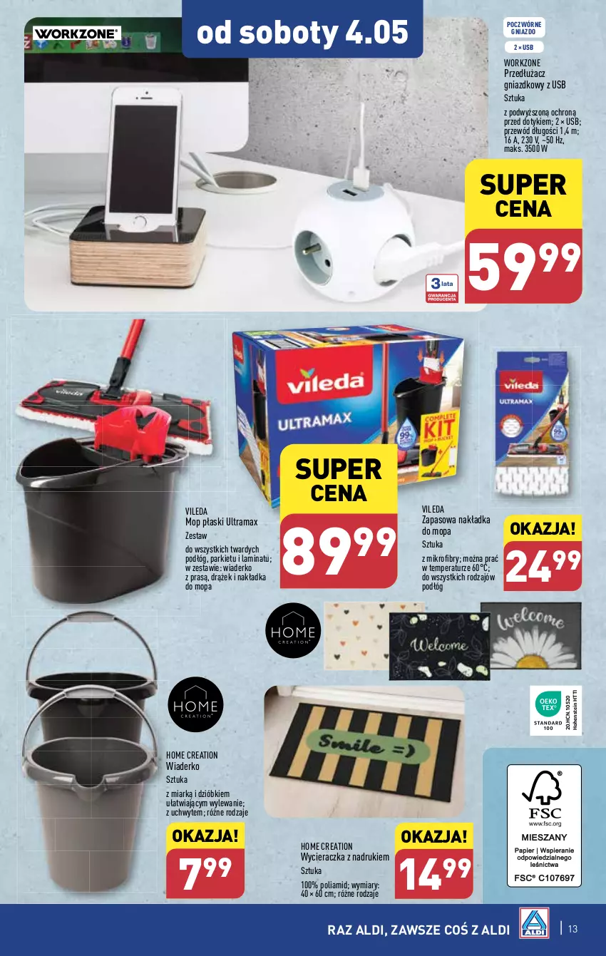 Gazetka promocyjna Aldi - Artykuły przemysłowe i tekstylia - ważna 29.04 do 04.05.2024 - strona 13 - produkty: Mop, Przewód, Rama, Vileda, Wycieraczka