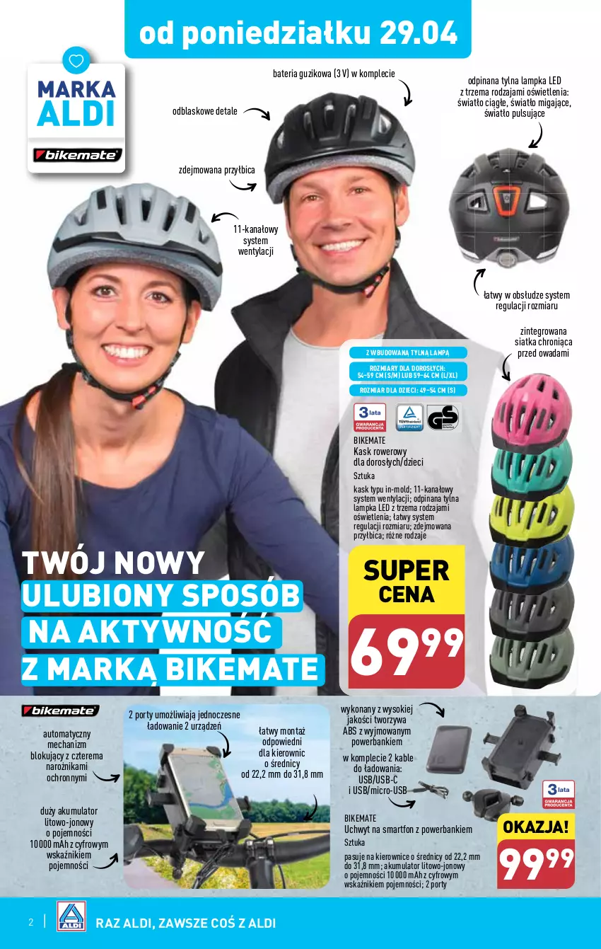 Gazetka promocyjna Aldi - Artykuły przemysłowe i tekstylia - ważna 29.04 do 04.05.2024 - strona 2 - produkty: Akumulator, Bateria, BIC, Dzieci, Kask, Narożnik, Por, Powerbank, Rower, Siatka, Smartfon, Sok