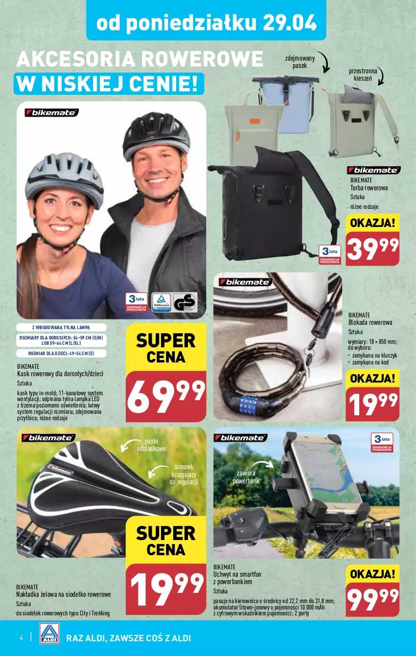 Gazetka promocyjna Aldi - Artykuły przemysłowe i tekstylia - ważna 29.04 do 04.05.2024 - strona 4 - produkty: Akumulator, BIC, Dzieci, Kask, Pasek, Por, Powerbank, Rower, Smartfon, Sznurek, Torba