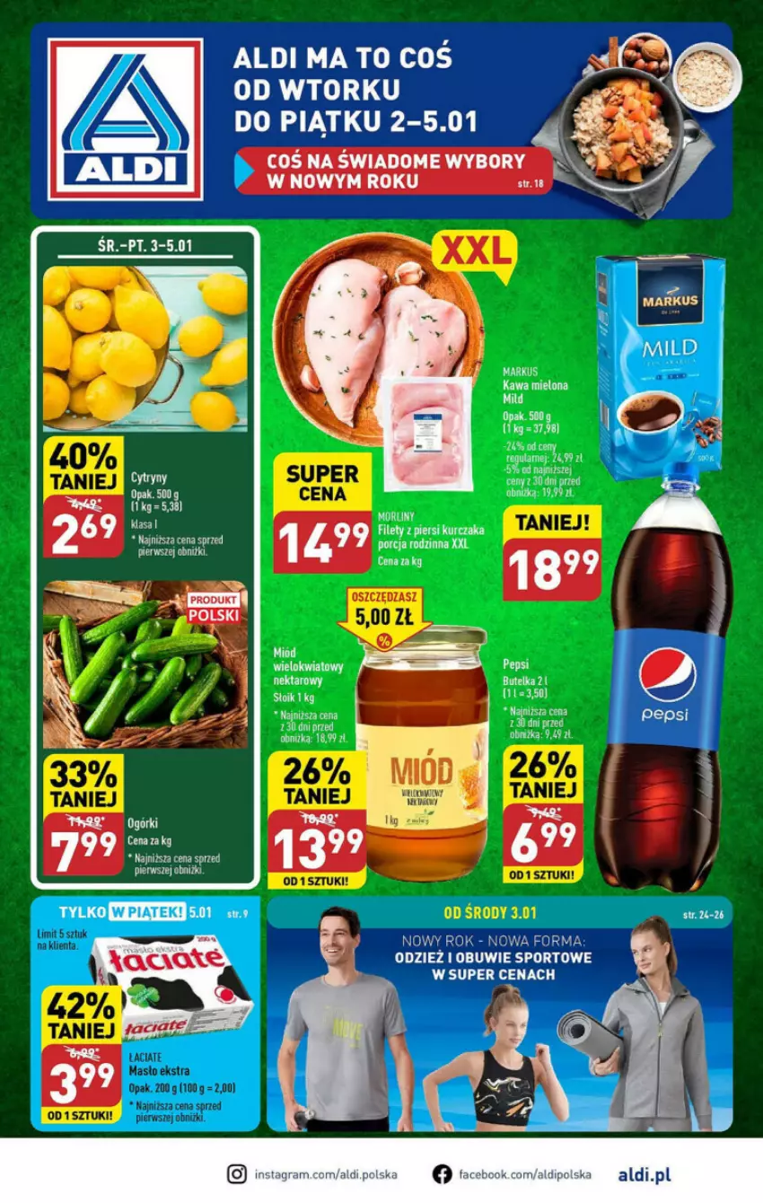 Gazetka promocyjna Aldi - ważna 02.01 do 05.01.2024 - strona 1 - produkty: Fa, Gra, Kawa, Kawa mielona, Kurczak, Morliny, Obuwie, Pepsi, Por, Sport