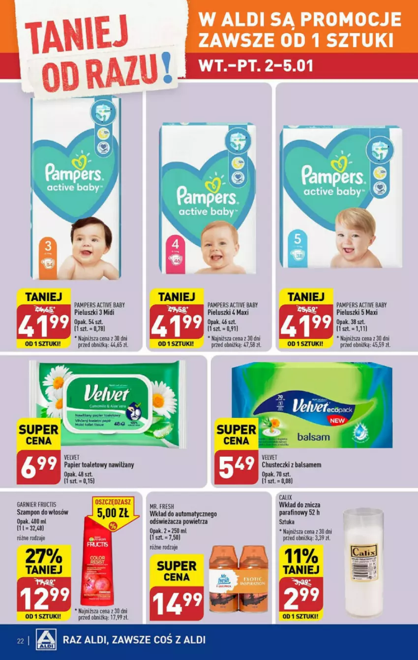 Gazetka promocyjna Aldi - ważna 02.01 do 05.01.2024 - strona 15 - produkty: Chusteczki, Fructis, Garnier, Pampers, Papier, Papier toaletowy, Szampon, Velvet, Znicz