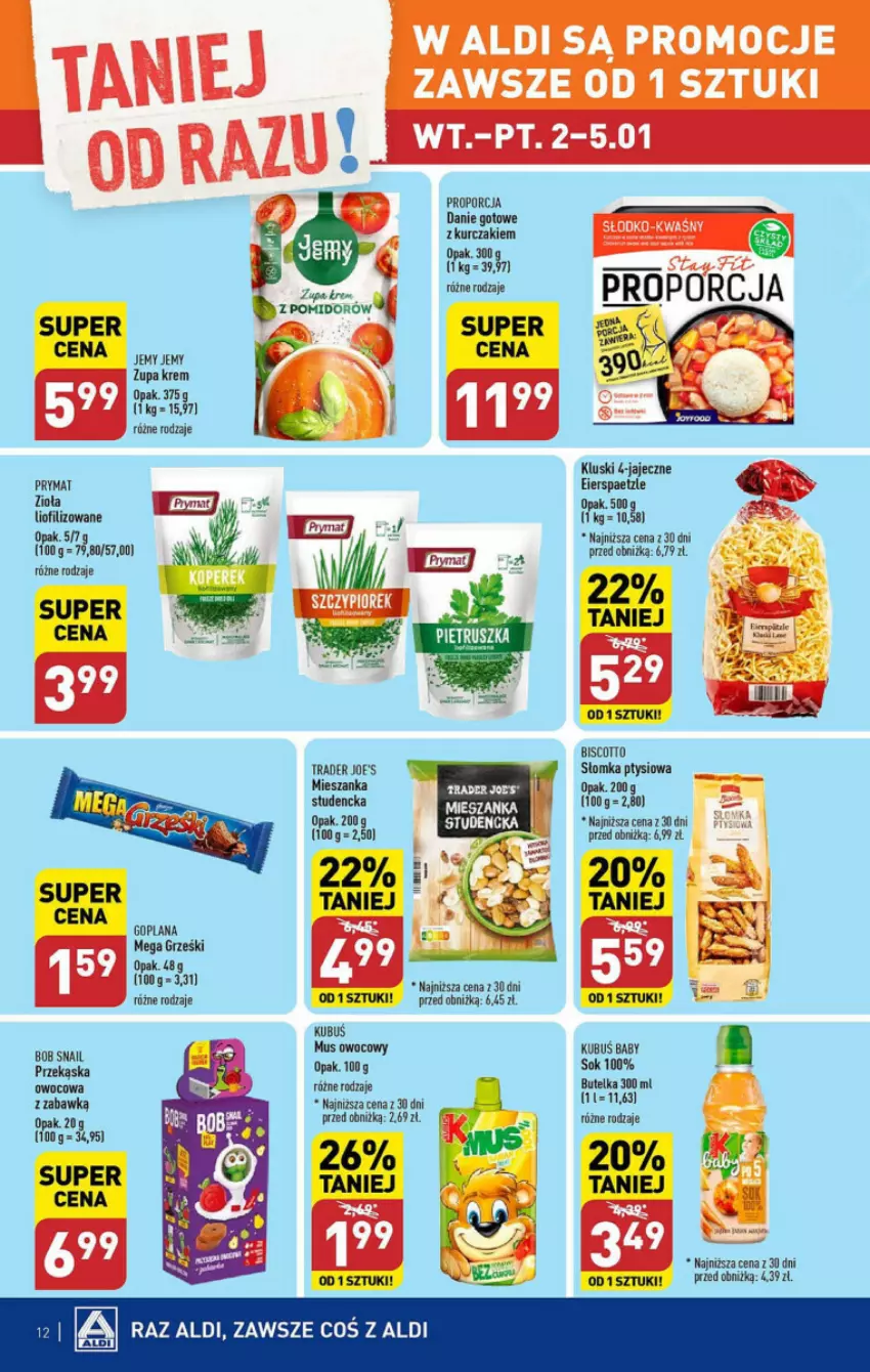 Gazetka promocyjna Aldi - ważna 02.01 do 05.01.2024 - strona 4 - produkty: Danie gotowe, Goplana, Grześki, Kubuś, Kurczak, LANA, Por, Prymat