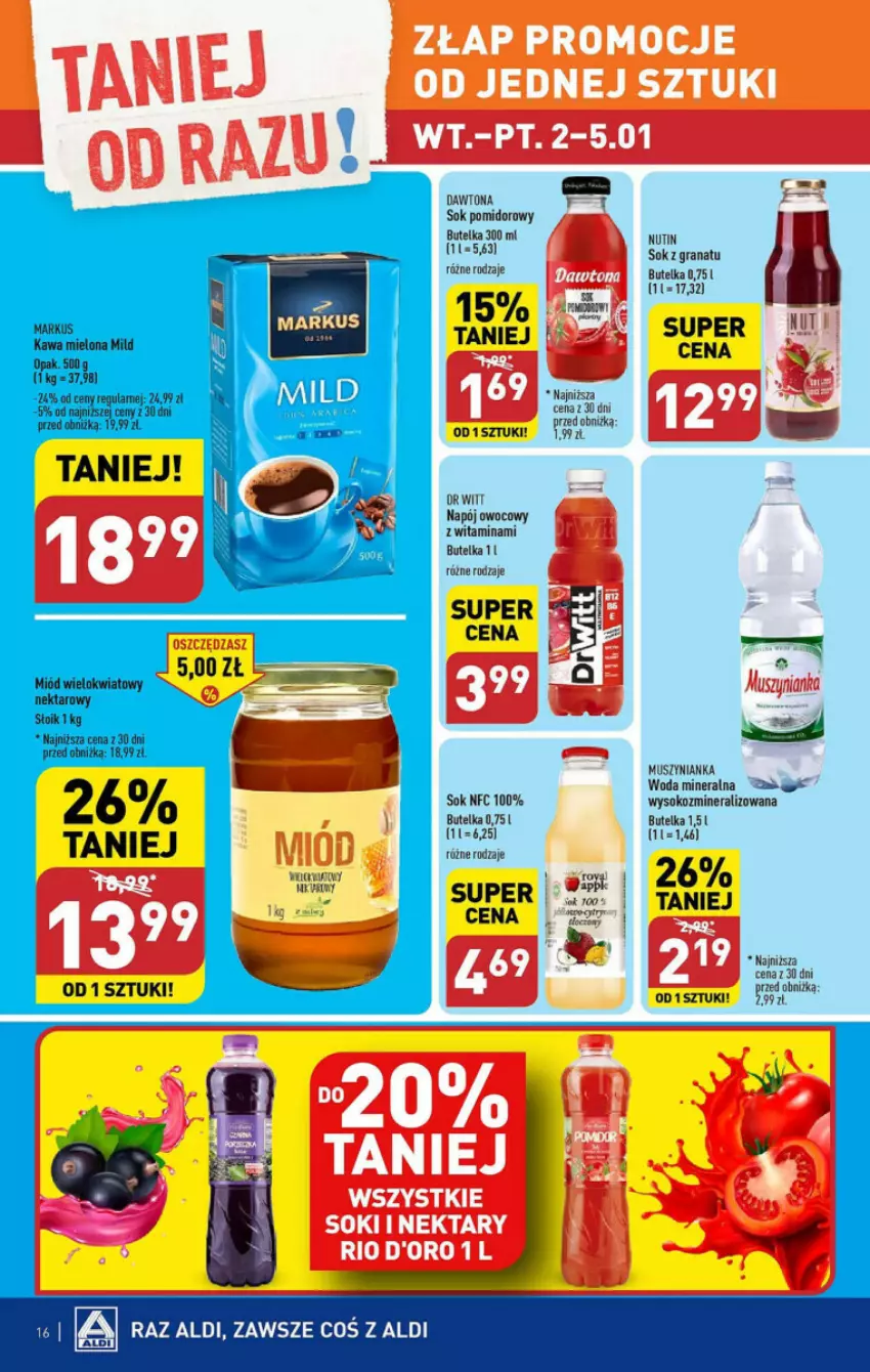 Gazetka promocyjna Aldi - ważna 02.01 do 05.01.2024 - strona 8 - produkty: Dawtona, Gra, Granat, Mus, Muszynianka, Napój, Sok, Sok pomidorowy, Woda, Woda mineralna