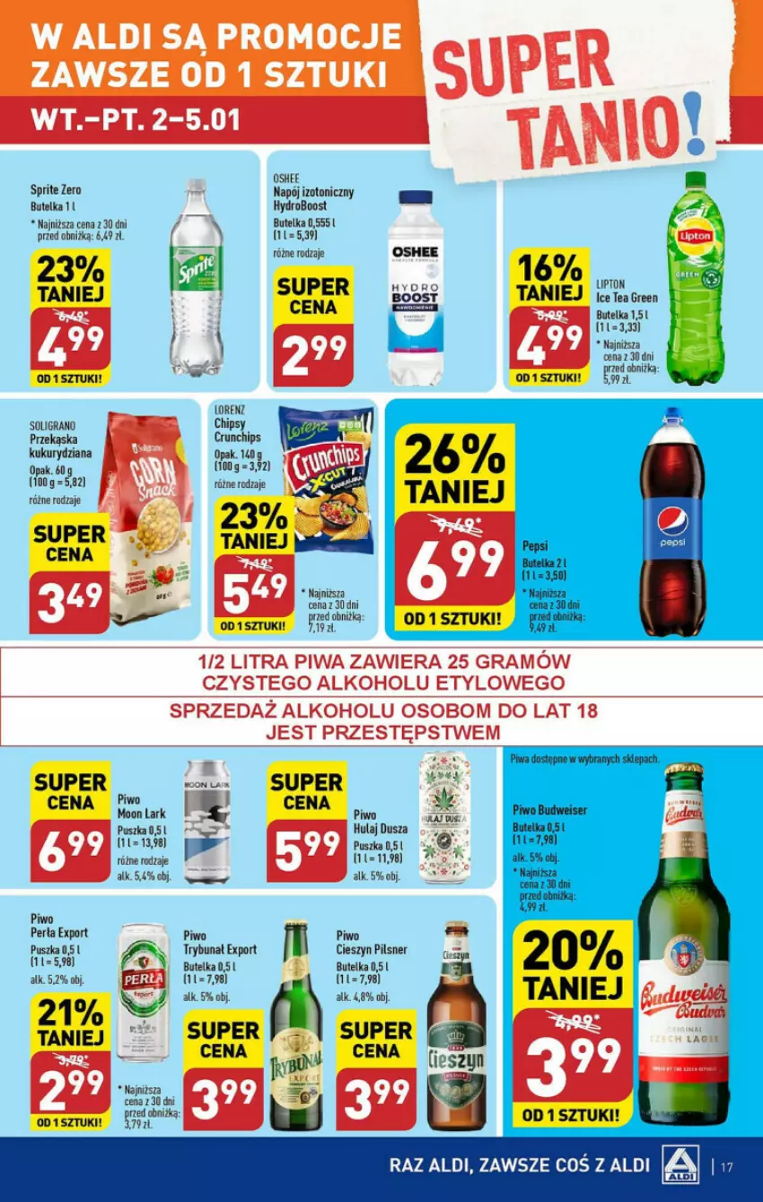 Gazetka promocyjna Aldi - ważna 02.01 do 05.01.2024 - strona 9 - produkty: Chipsy, Crunchips, Gra, Lorenz, Napój, Napój izotoniczny, Perła, Piwa, Piwo, Por, Soligrano, Sprite