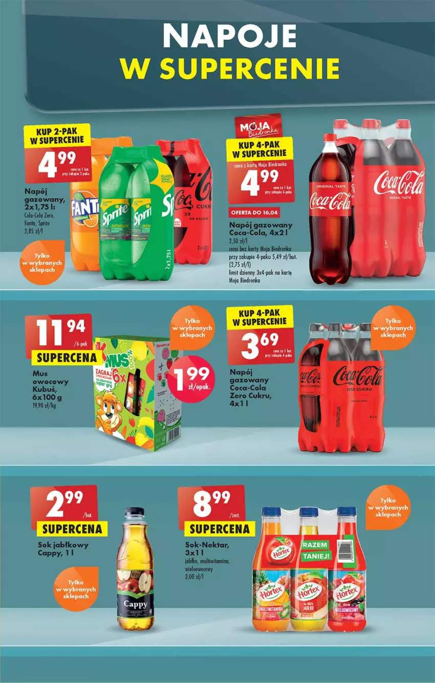 Gazetka promocyjna Biedronka - W tym tygodniu - ważna 14.04 do 20.04.2022 - strona 49 - produkty: Cappy, Coca-Cola, Dron, Fa, Gala, Gin, Kubuś, Mus, Napój, Nektar, Sok, Sok jabłkowy