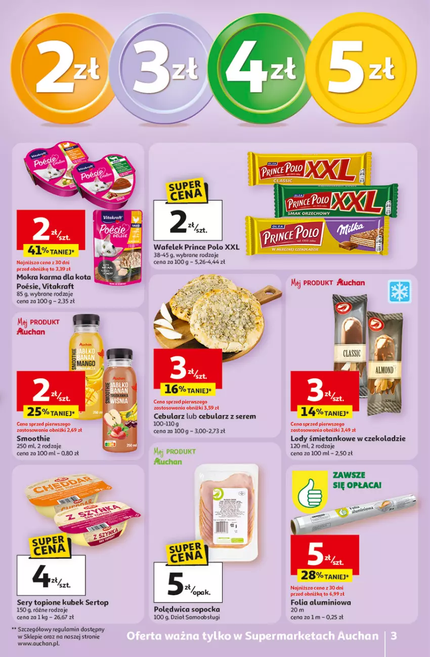 Gazetka promocyjna Auchan - Gazetka 30 Lat Supermarket Auchan - ważna 23.04 do 28.04.2026 - strona 3 - produkty: Cebula, Fa, Folia aluminiowa, Kubek, Lody, Mango, Mokra karma, Polędwica, Prince Polo, Ser, Smoothie, Top, Vitakraft, Wafelek