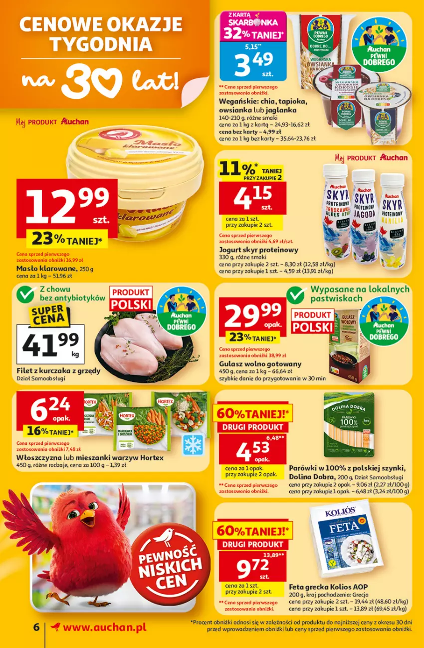 Gazetka promocyjna Auchan - Gazetka 30 Lat Supermarket Auchan - ważna 23.04 do 28.04.2026 - strona 6 - produkty: Chia, Fa, Feta, Hortex, Jaglanka, Jogurt, Kokos, Kurczak, Masło, Masło klarowane, Owsianka, Parówki, Skyn