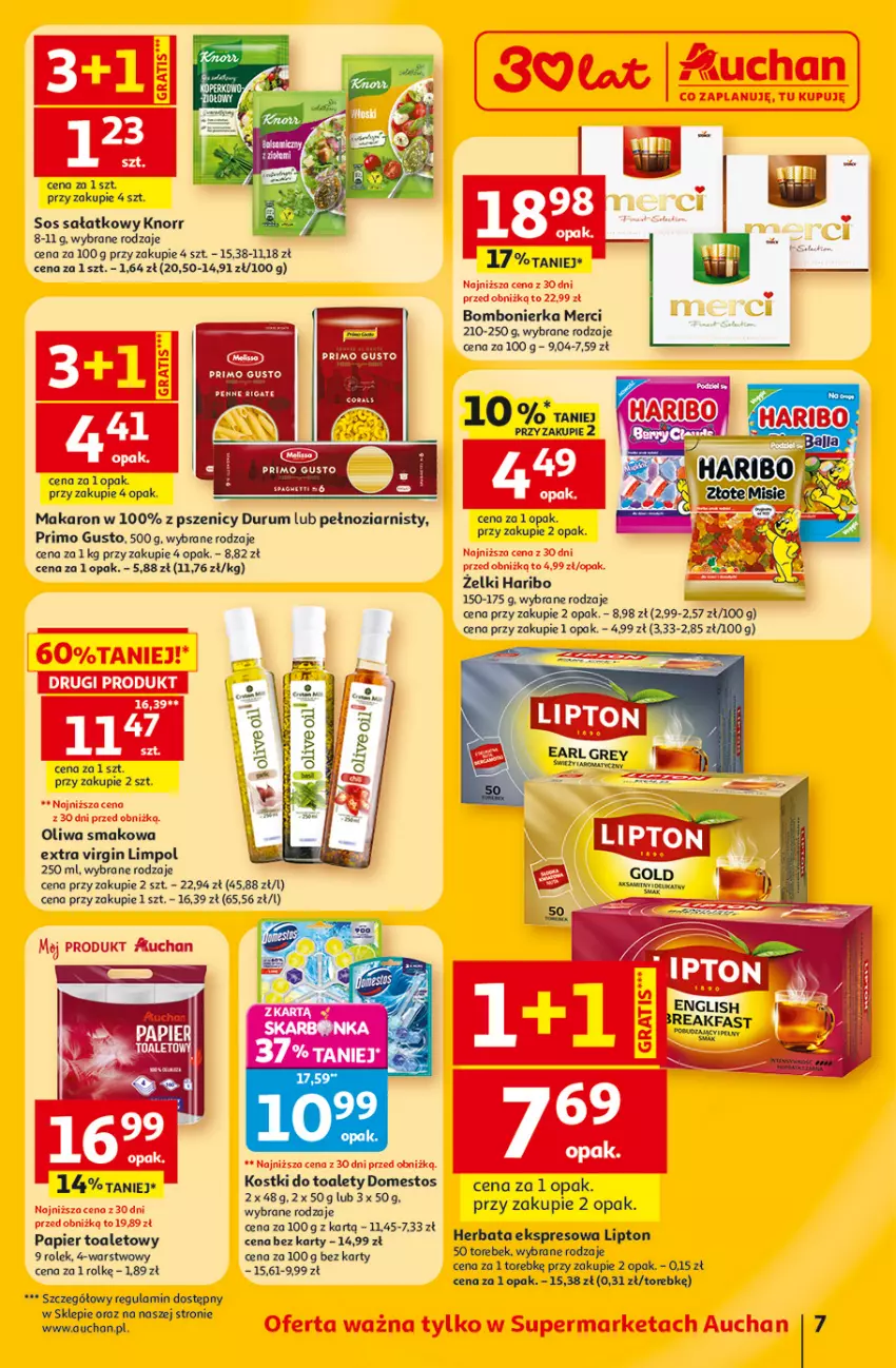 Gazetka promocyjna Auchan - Gazetka 30 Lat Supermarket Auchan - ważna 23.04 do 28.04.2026 - strona 7 - produkty: Domestos, Fa, Gin, Haribo, Knorr, Makaron, Merci, Mus, Papier, Rum, Sałat, Sos