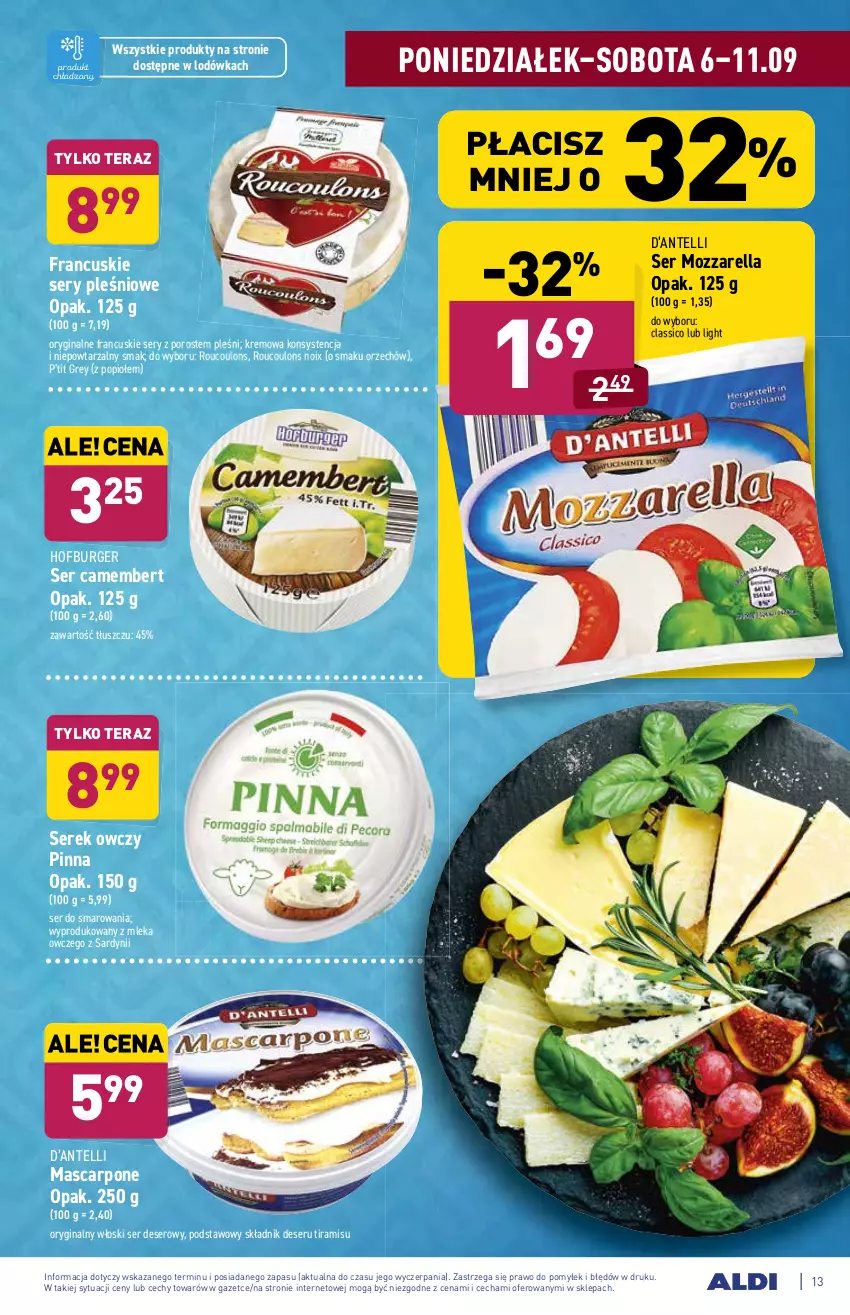 Gazetka promocyjna Aldi - SUPER SMACZNE OKAZJE - ważna 06.09 do 11.09.2021 - strona 13 - produkty: Burger, Camembert, Deser, Gin, Hofburger, Lodówka, Mascarpone, Mozzarella, Por, Ser, Serek, Tera