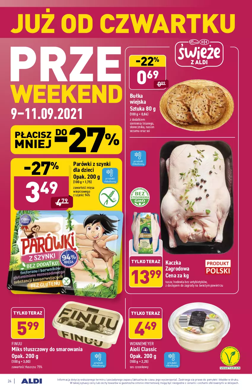 Gazetka promocyjna Aldi - SUPER SMACZNE OKAZJE - ważna 06.09 do 11.09.2021 - strona 24 - produkty: Bułka, Dzieci, Finuu, Kaczka, Miks tłuszczowy, Parówki, Parówki z szynki, Sezam, Sos, Sos czosnkowy, Tera, Tusz