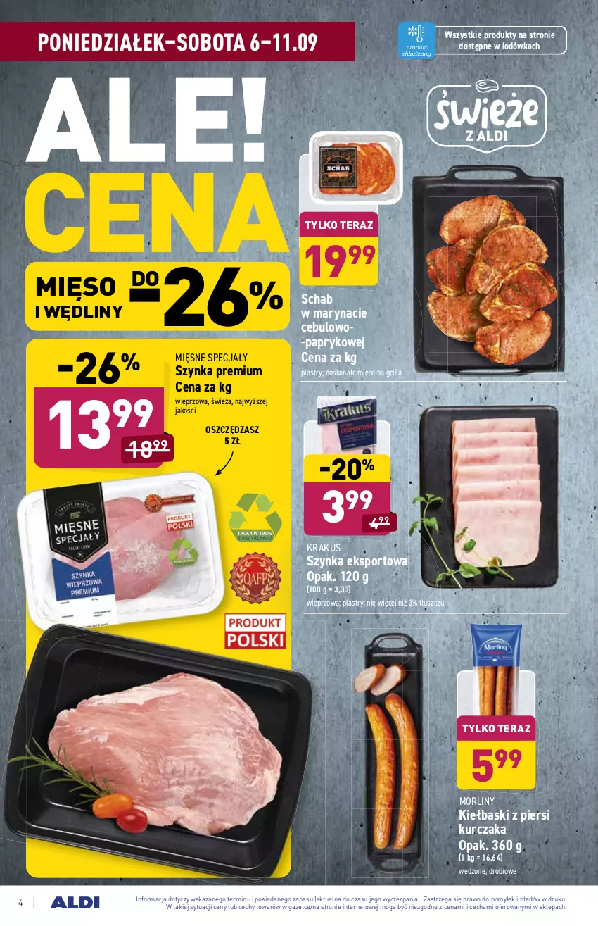 Gazetka promocyjna Aldi - SUPER SMACZNE OKAZJE - ważna 06.09 do 11.09.2021 - strona 4 - produkty: Grill, Krakus, Kurczak, Lodówka, Mięsne specjały, Mięso, Morliny, Por, Sport, Szynka, Szynka premium, Tera