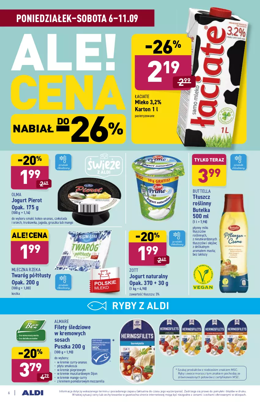 Gazetka promocyjna Aldi - SUPER SMACZNE OKAZJE - ważna 06.09 do 11.09.2021 - strona 6 - produkty: Ananas, Czekolada, Jogurt, Jogurt naturalny, Kokos, Kosz, Mango, Mleczna Rzeka, Mleko, Mozzarella, Mus, Olej, Olma, Owoce, Owoce morza, Pieprz, Płyta, Ryby i owoce morza, Sos, Tera, Tłuszcz roślinny, Twaróg, Twaróg półtłusty, Zott