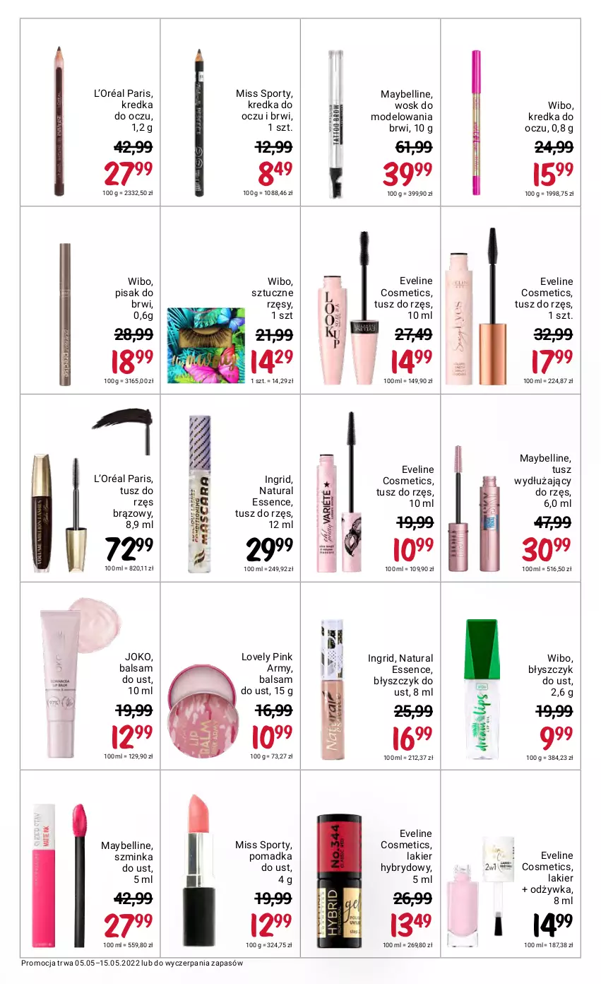 Gazetka promocyjna Rossmann - ważna 05.05 do 15.05.2022 - strona 42 - produkty: Balsam do ust, Bell, Błyszczyk do ust, Eveline, GRID, Inka, Kredka, L’Oréal, Lakier, Lakier hybrydowy, Lovely, Maybelline, Miss Sporty, Odżywka, Por, Sport, Szminka, Sztuczne rzęsy, Tusz, Wibo