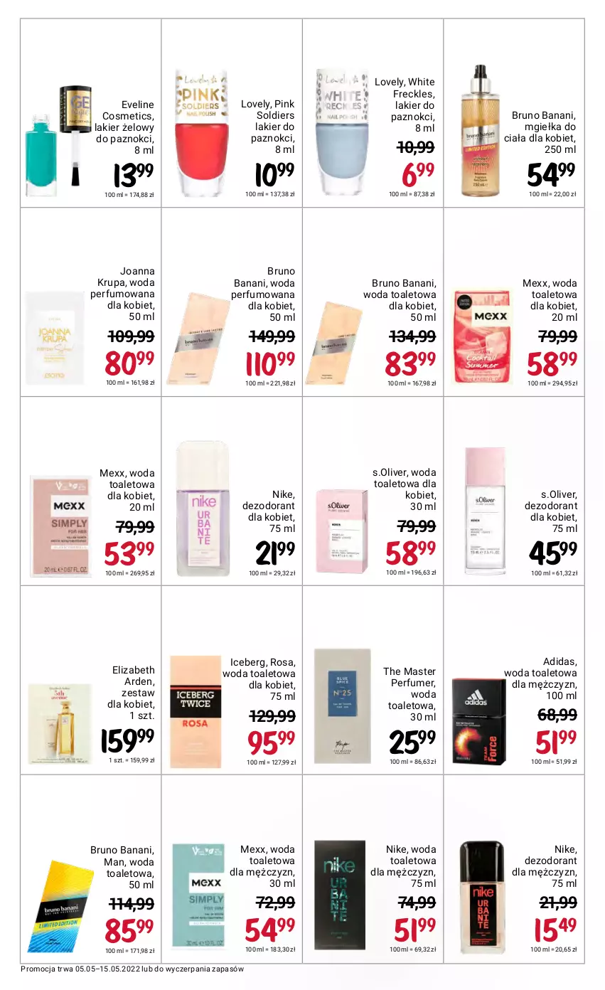 Gazetka promocyjna Rossmann - ważna 05.05 do 15.05.2022 - strona 43 - produkty: Adidas, Bruno Banani, Dezodorant, Elizabeth Arden, Eveline, Joanna, Joanna Krupa, Lakier, Lakier do paznokci, Lovely, Mexx, Nike, Perfum, S.Oliver, Woda, Woda perfumowana, Woda toaletowa