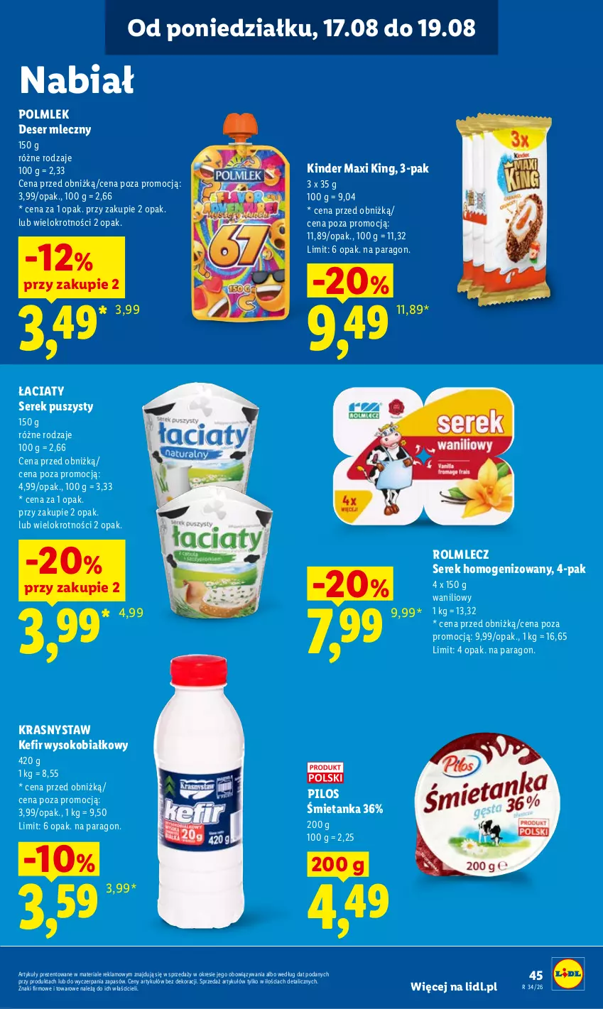Gazetka promocyjna Lidl - Gazetka ważna od 17.08 do 19.08 - ważna 17.08 do 19.08.2026 - strona 49 - produkty: Deser, Deser mleczny, Kefir, Kinder, Pilos, POLMLEK, Rolmlecz, Ser, Serek, Serek homogenizowany, Serek puszysty, Sok