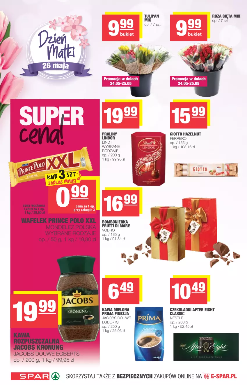 Gazetka promocyjna Spar - Spar - ważna 19.05 do 25.05.2021 - strona 6 - produkty: Ferrero, Jacobs, Kawa, Kawa mielona, Kawa rozpuszczalna, Lindor, Lindt, Piec, Praliny, Prima, Prince Polo, Róża, Tulipan, Wafelek