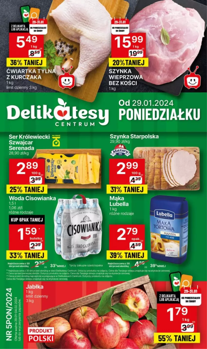 Gazetka promocyjna Delikatesy Centrum - NOWA GAZETKA Delikatesy Centrum od 29 stycznia! 29.01-04.02.2024 - ważna 29.01 do 04.02.2024 - strona 1 - produkty: Cisowianka, Jabłka, Kurczak, LG, Mąka, Rum, Ser, Szynka, Woda