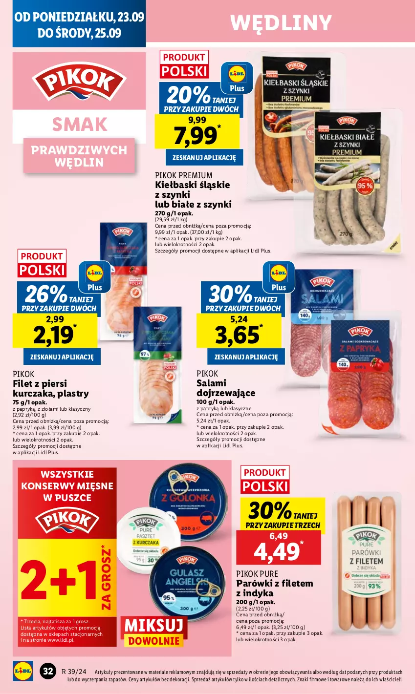 Gazetka promocyjna Lidl - GAZETKA - ważna 23.09 do 25.09.2024 - strona 36 - produkty: Filet z piersi kurczaka, Kiełbaski śląskie, Kurczak, Parówki, PIKOK, Pur, Salami, Ser