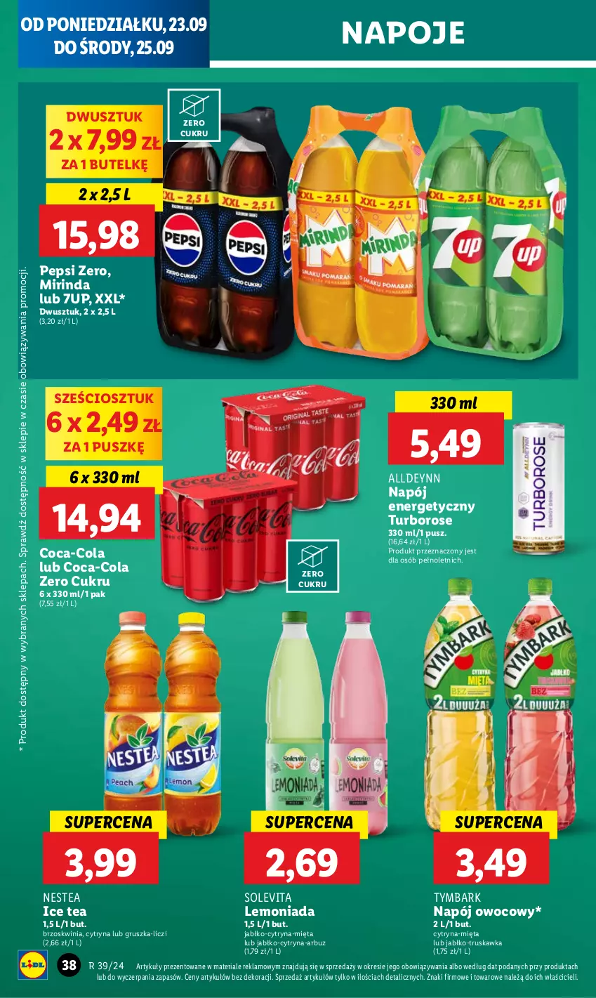 Gazetka promocyjna Lidl - GAZETKA - ważna 23.09 do 25.09.2024 - strona 42 - produkty: 7up, Arbuz, Coca-Cola, Ice tea, Lemoniada, Liczi, Mięta, Mirinda, Napój, Napój energetyczny, Napoje, Nestea, Pepsi, Tymbark