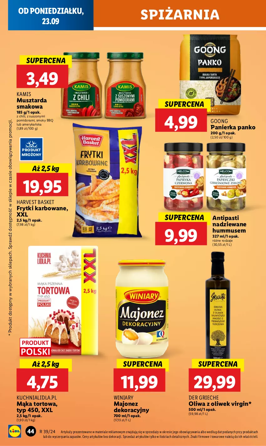 Gazetka promocyjna Lidl - GAZETKA - ważna 23.09 do 25.09.2024 - strona 50 - produkty: Frytki, Gin, Hummus, Kamis, Kuchnia, Majonez, Mąka, Mąka tortowa, Mus, Musztarda, Oliwa z oliwek, Winiary