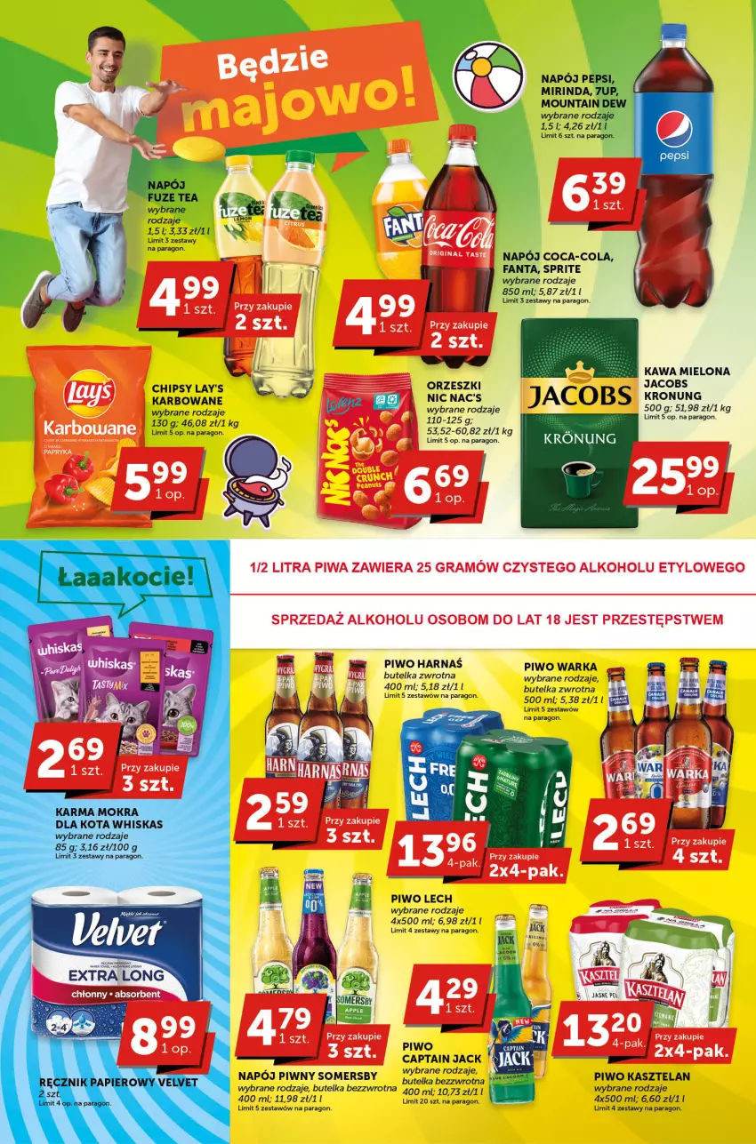 Gazetka promocyjna Groszek - ważna 04.05 do 16.05.2023 - strona 4 - produkty: 7up, BIC, Captain Jack, Chipsy, Coca-Cola, Fa, Fanta, Harnaś, Jacobs, Kasztelan, Kawa, Kawa mielona, Mirinda, Napój, Orzeszki, Pepsi, Piwo, Somersby, Sprite, Velvet, Warka