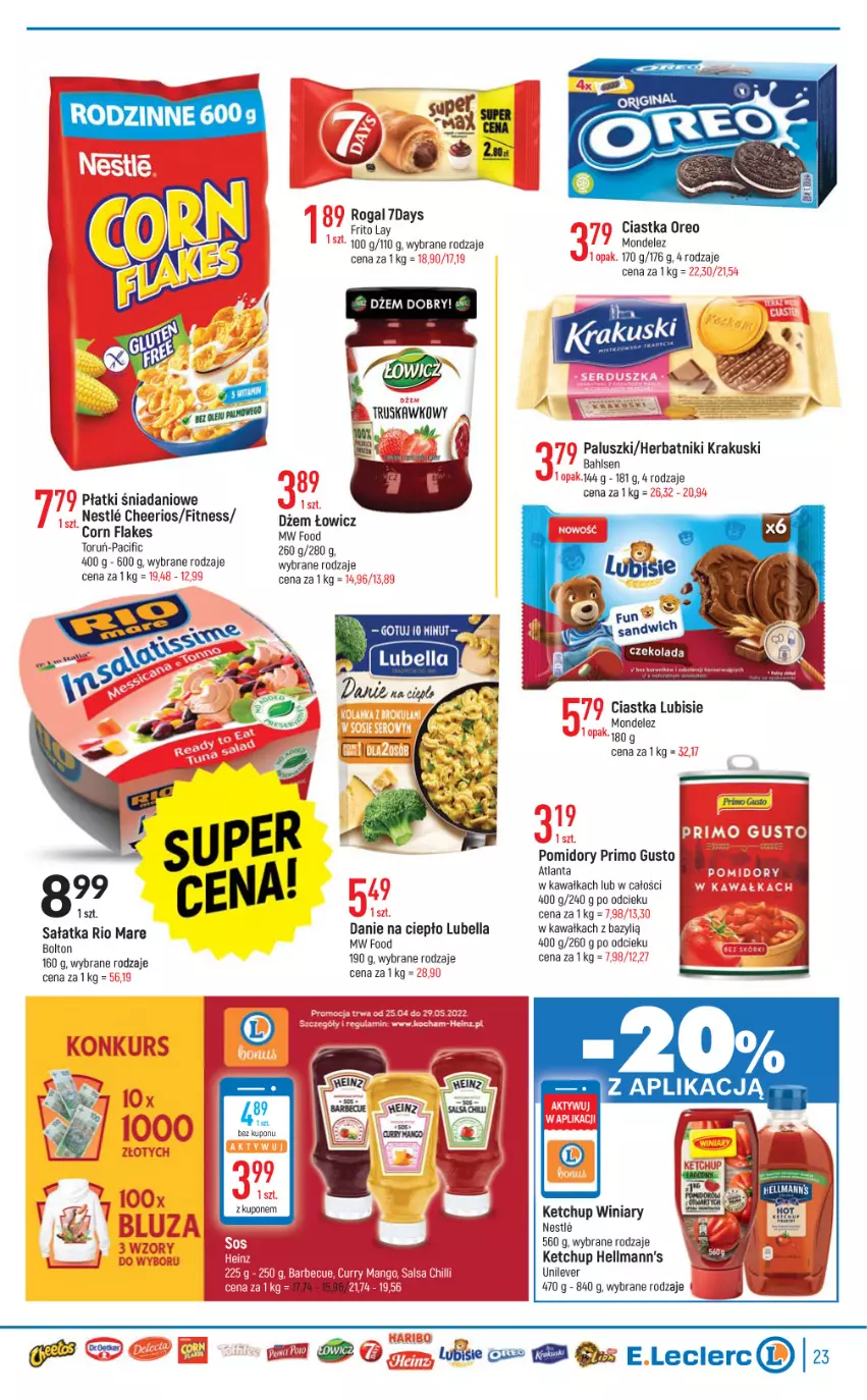 Gazetka promocyjna E Leclerc - ważna 04.05 do 14.05.2022 - strona 23 - produkty: Bazyl, Bell, Bella, Cheerios, Ciastka, Cif, Corn flakes, Danio, Dżem, Herbatniki, Kawa, Ketchup, Krakus, Krakuski, Lubella, Lubisie, Oreo, Pomidory, Rio Mare, Rogal, Sałat, Sałatka, Winiary