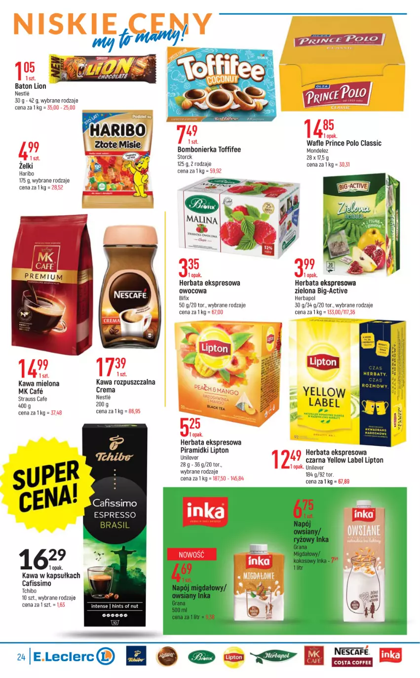 Gazetka promocyjna E Leclerc - ważna 04.05 do 14.05.2022 - strona 24 - produkty: Baton, Gra, Haribo, Herbapol, Herbata, Inka, Kawa, Kawa mielona, Kawa rozpuszczalna, Lion, Lipton, Napój, Prince Polo, Ryż, Tchibo, Toffifee, Wafle