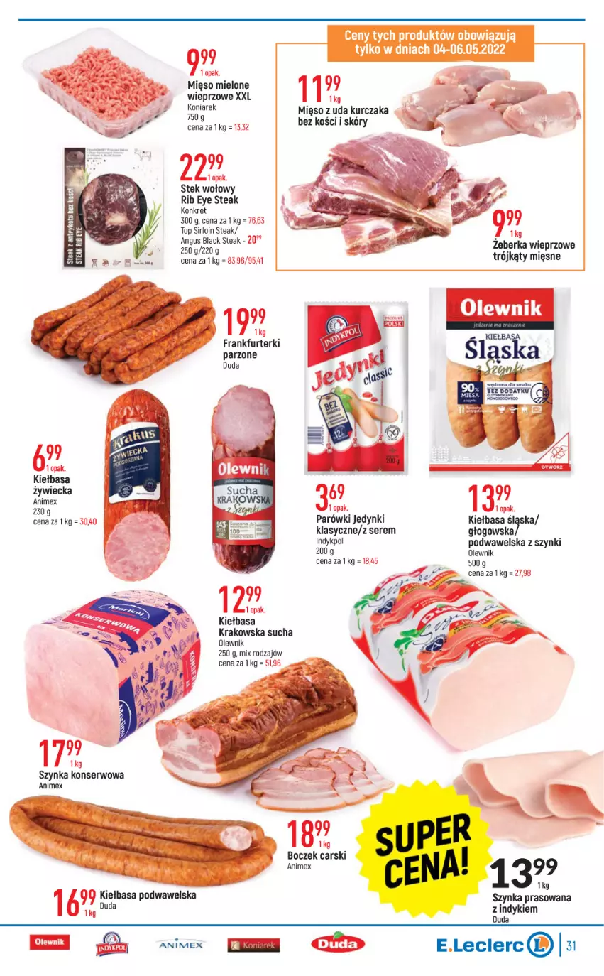 Gazetka promocyjna E Leclerc - ważna 04.05 do 14.05.2022 - strona 31 - produkty: Duda, Frankfurterki, Kiełbasa, Kiełbasa podwawelska, Kiełbasa śląska, Kret, Kurczak, Lack, Mięso, Mięso mielone, Mięso z uda kurczaka, Olewnik, Parówki, Ser, Stek, Stek wołowy, Szynka, Szynka konserwowa, Top, Wawel