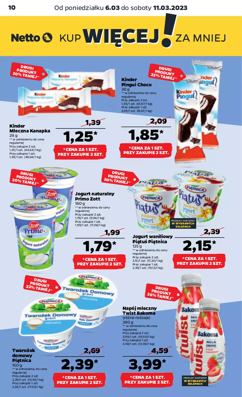 Gazetka promocyjna Netto - Artykuły spożywcze - ważna 06.03 do 11.03.2023 - strona 10 - produkty: Bakoma, Jogurt, Jogurt naturalny, Kinder, Mleczna kanapka, Napój, Napój mleczny, Piątnica, Zott