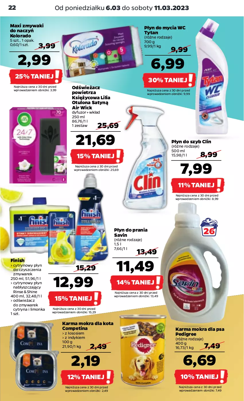 Gazetka promocyjna Netto - Artykuły spożywcze - ważna 06.03 do 11.03.2023 - strona 22 - produkty: Air Wick, Clin, Finish, Kolorado, Limonka, Odświeżacz powietrza, Pedigree, Płyn do mycia, Płyn do prania, Płyn do szyb, Płyn nabłyszczający, Sos, Tytan