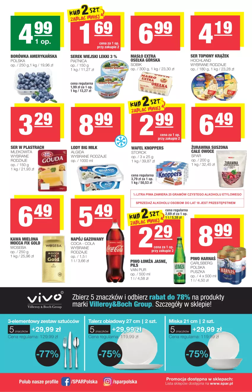 Gazetka promocyjna Spar - Express - ważna 18.08 do 24.08.2021 - strona 2 - produkty: Algida, Big Milk, Borówka, Borówka amerykańska, Carlsberg, Harnaś, Hochland, Kawa, Kawa mielona, Knoppers, LG, Lody, Masło, Miska, Mleko, Napój, Napój gazowany, Owoce, Piątnica, Piwo, Pur, Ser, Ser topiony, Serek, Serek wiejski, Talerz, Talerz obiadowy, Top, Woseba, Zestaw sztućców