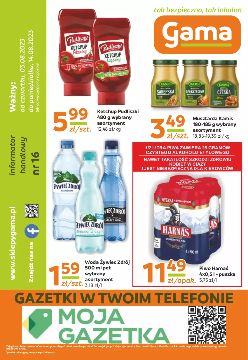 Gazetka promocyjna Gama - Gazetka Gama - ważna 14.08.2023 do 03.08.2024 - strona 12 - produkty: Gra, Harnaś, Kamis, Ketchup, Mus, Musztarda, Piec, Piwa, Piwo, Pudliszki, Ser, Telefon, Woda