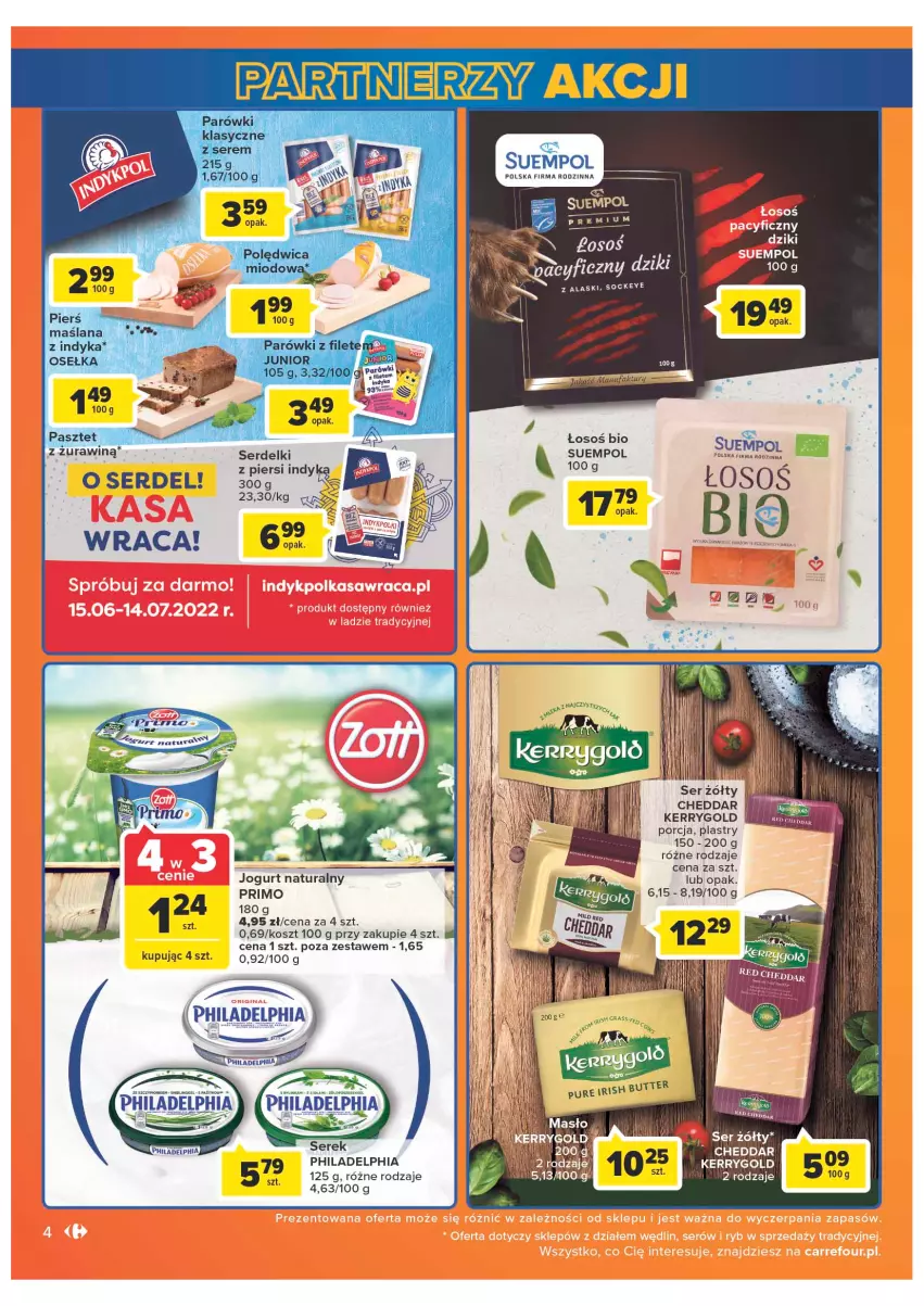 Gazetka promocyjna Carrefour - Gazetka Market - ważna 05.07 do 30.07.2022 - strona 4 - produkty: Cheddar, Jogurt, Jogurt naturalny, Kosz, Philadelphia, Por, Ser, Serdelki, Serek, Suempol