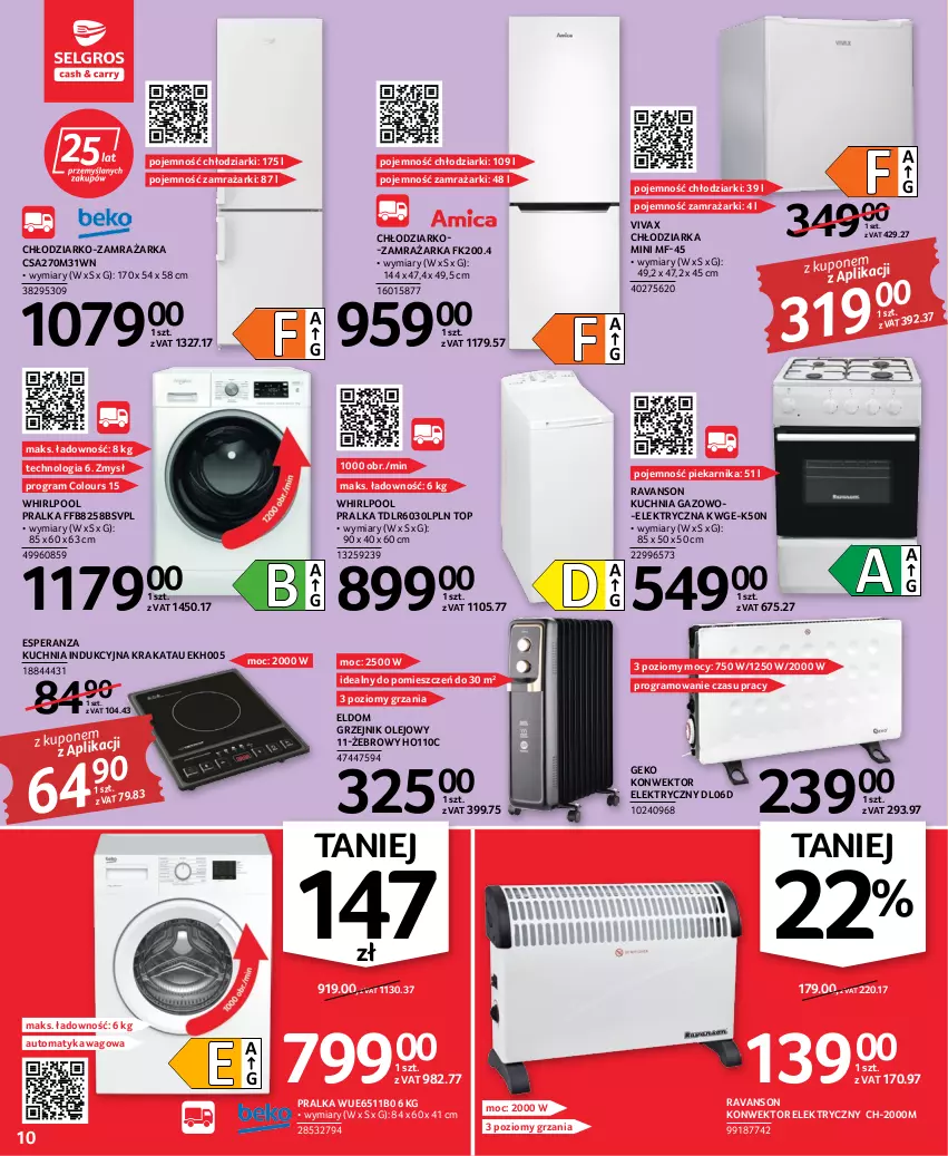 Gazetka promocyjna Selgros - Oferta przemysłowa - ważna 06.10 do 19.10.2022 - strona 10 - produkty: Chłodziarka, Gra, Grzejnik, K2, Konwektor elektryczny, Kuchnia, Kuchnia gazowo-elektryczna, Olej, Piekarnik, Pralka, Top, Whirlpool, Zamrażarka