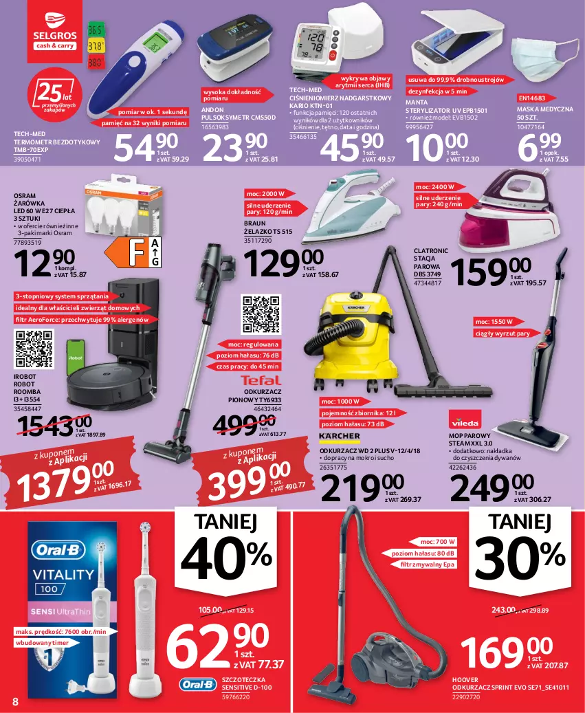 Gazetka promocyjna Selgros - Oferta przemysłowa - ważna 06.10 do 19.10.2022 - strona 8 - produkty: Braun, Ciśnieniomierz, Dezynfekcja, Dywan, IRobot, Manta, Maska, Maska medyczna, Mop, Mop parowy, Odkurzacz, Pulsoksymetr, Robot, Roomba, Ser, Sok, Sterylizator, Szczoteczka, Termometr, Top