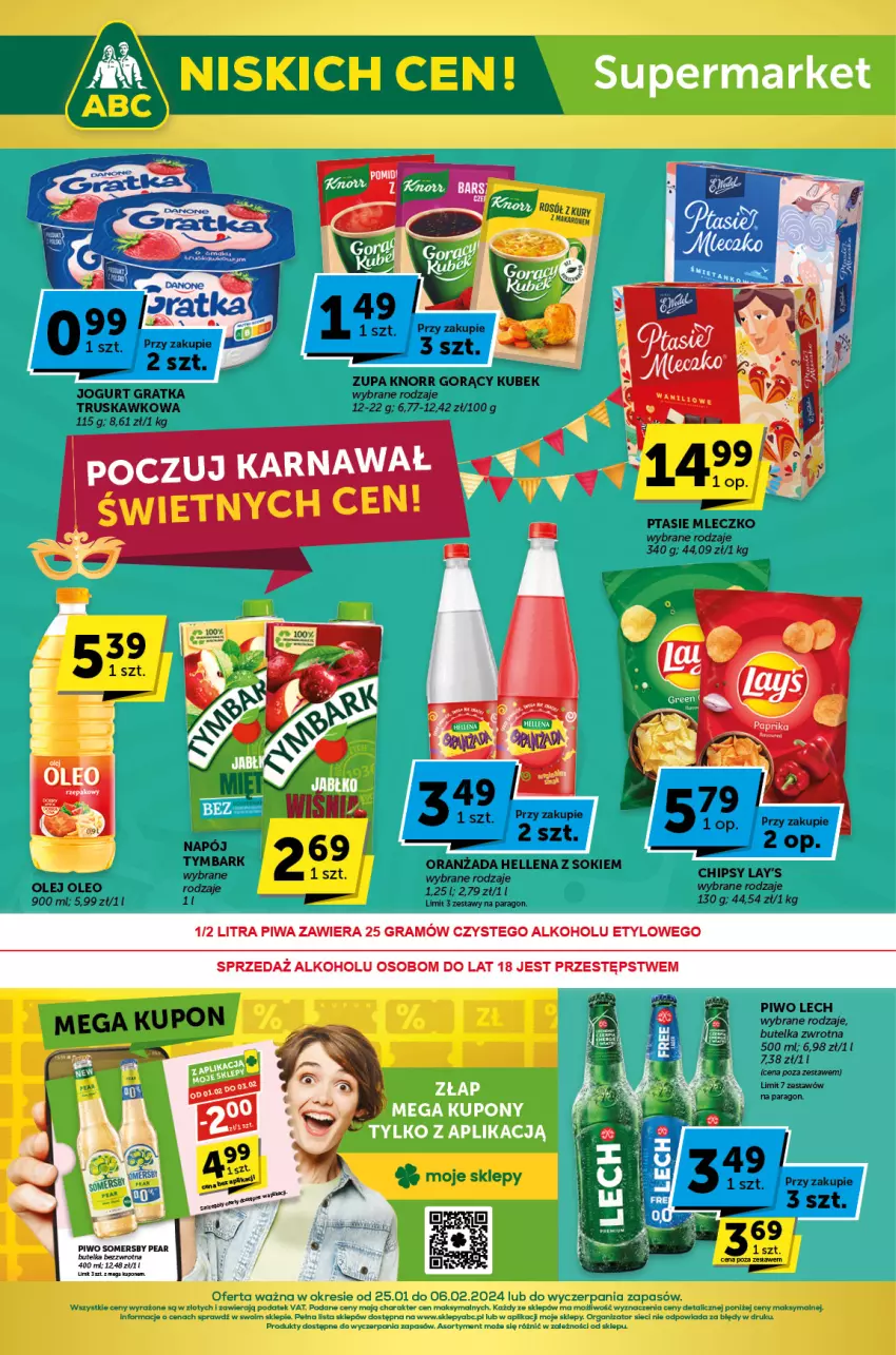 Gazetka promocyjna ABC - ważna 25.01 do 06.02.2024 - strona 1 - produkty: Chipsy, Gra, Jogurt, Knorr, Kubek, Mleczko, Olej, Oleo, Piwa, Piwo, Ptasie mleczko, Rosół, Sok, Somersby, Zupa