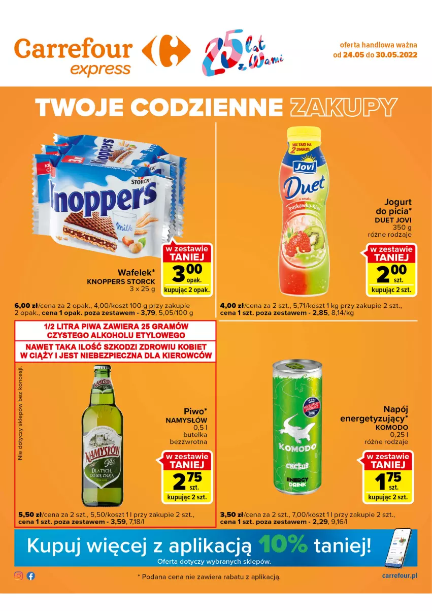 Gazetka promocyjna Carrefour - Gazetka Express - ważna 24.05 do 30.05.2022 - strona 1 - produkty: Jogurt, Knoppers, Kosz, Namysłów, Napój, Piwo, Wafelek