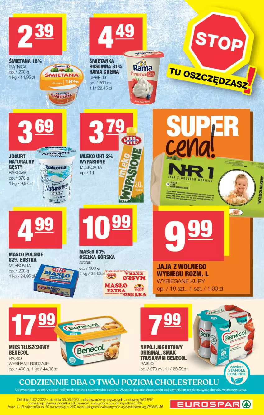 Gazetka promocyjna Spar - EuroSpar - ważna 30.04 do 10.05.2023 - strona 5 - produkty: Bakoma, Benecol, Gin, Jaja, Jogurt, Masło, Miks tłuszczowy, Mleko, Mlekovita, Napój, Napój jogurtowy, Piątnica, Rama, Ser, Sok, Truskawki