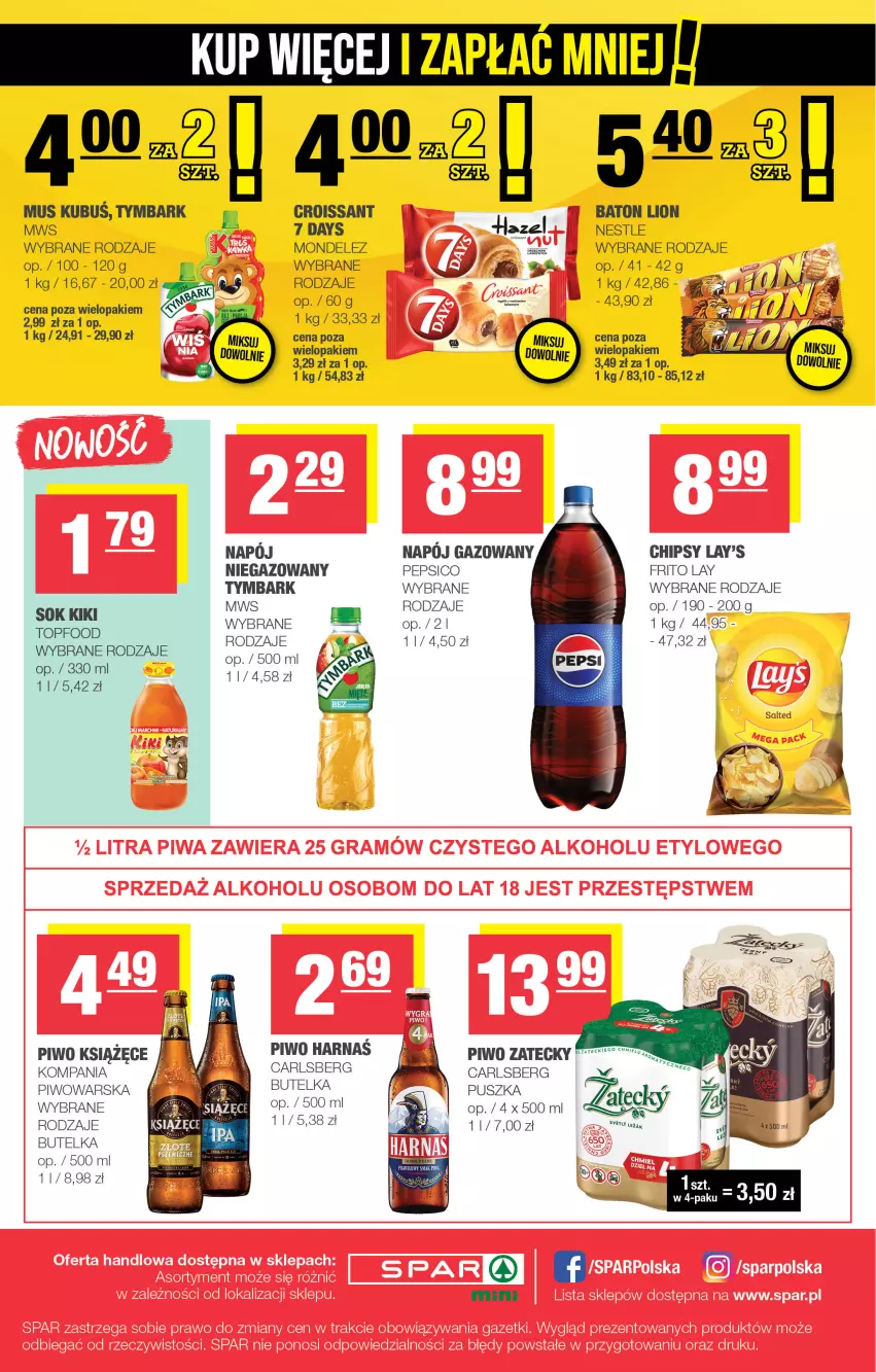 Gazetka promocyjna Spar - Spar-Mini - ważna 07.09 do 17.09.2025 - strona 4 - produkty: 7 Days, Baton, Carlsberg, Chipsy, Książęce, Kubuś, Lion, Mus, Pepsi, Piwo, Sok, Tymbark
