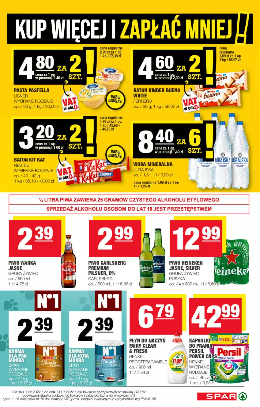 Gazetka promocyjna Spar - Spar - ważna 12.06 do 22.06.2022 - strona 7 - produkty: Baton, Carlsberg, Fa, Fairy, Ferrero, Heineken, Kinder, Kinder Bueno, Kit Kat, Lisner, Pastella, Persil, Piwo, Sok, Warka, Woda, Woda mineralna