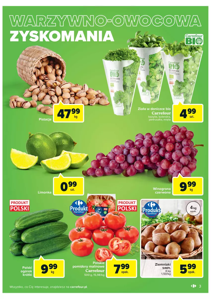 Gazetka promocyjna Carrefour - Gazetka Carrefour Targ świeżości - ważna 08.03 do 14.03.2022 - strona 3 - produkty: Bazyl, Bazylia, Kolendra, Limonka, Mięta, Pietruszka, Pomidory, Wino, Winogrona, Zioła w doniczce