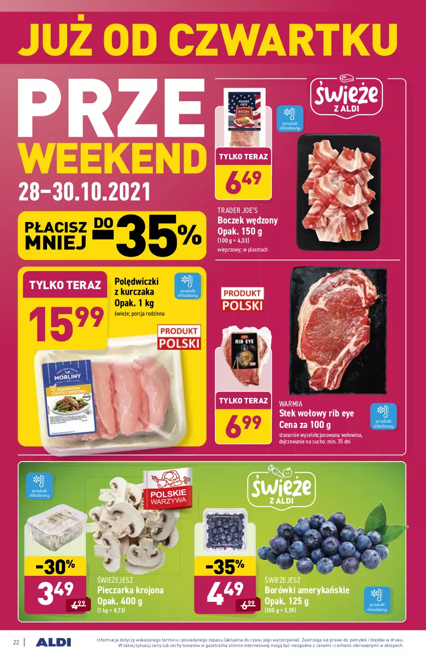 Gazetka promocyjna Aldi - Katalog spożywczy - ważna 25.10 do 30.10.2021 - strona 22 - produkty: Boczek, Kurczak, Piec, Pieczarka, Polędwiczki z kurczaka, Por, Stek, Stek wołowy, Tera, Wołowina