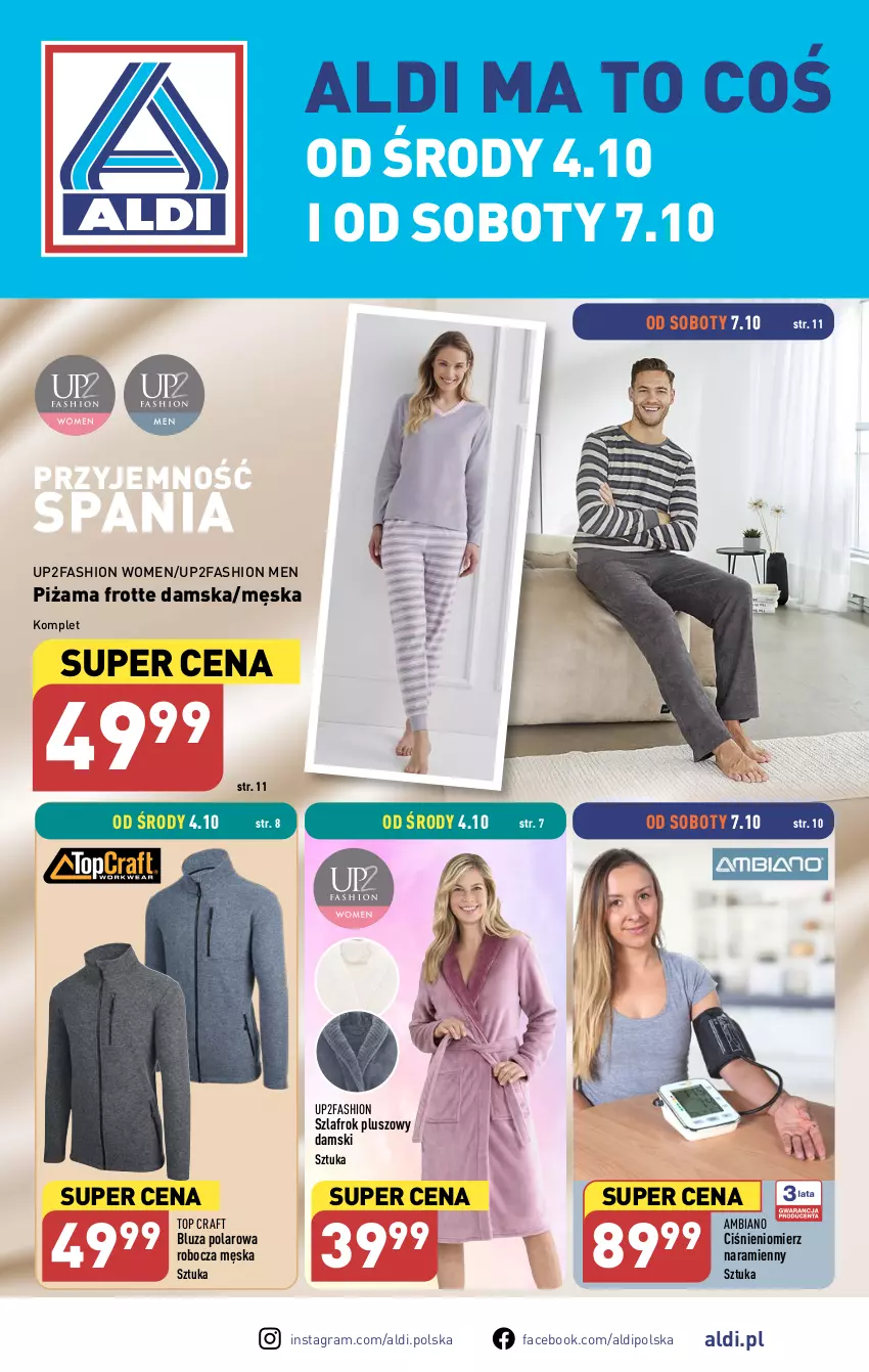 Gazetka promocyjna Aldi - Artykuły przemysłowe i tekstylia - ważna 04.10 do 07.10.2023 - strona 1 - produkty: Bluza, Bluza polarowa, Ciśnieniomierz, Fa, Gra, Piżama, Szlafrok, Top