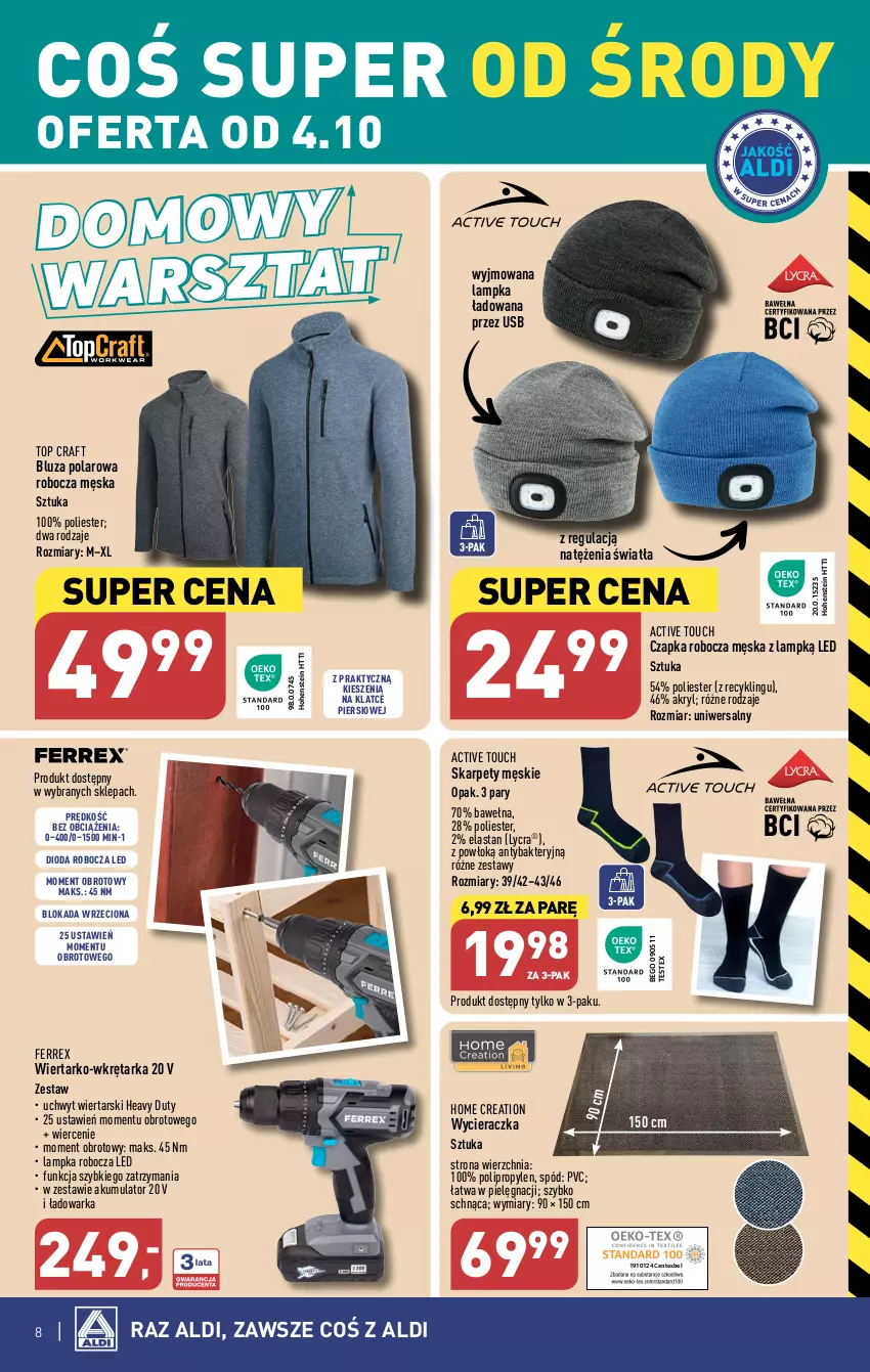 Gazetka promocyjna Aldi - Artykuły przemysłowe i tekstylia - ważna 04.10 do 07.10.2023 - strona 8 - produkty: Akumulator, Bluza, Bluza polarowa, Czapka, Karp, Tarka, Top, Warka, Wełna, Wkręt, Wkrętarka, Wycieraczka